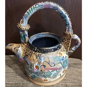 Vintage 8.5 Studio Art Pottery Teapot handle colorful animal print unique safari